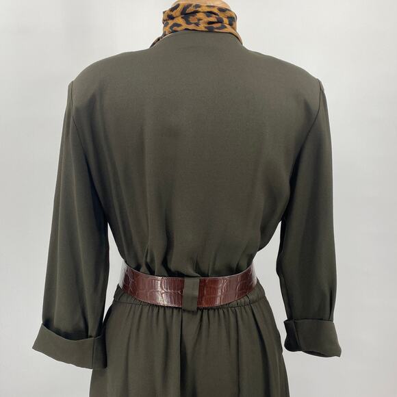 Vintage 80s Layered Blazer Dress Buckle Belted Midi Leopard Print Scarf Green 10 - Picture 8 of 9